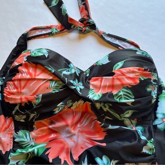 Coco Reef Women's One Piece Swim Suit Black/Green/Orange Floral Size 16 - Picture 5 of 12